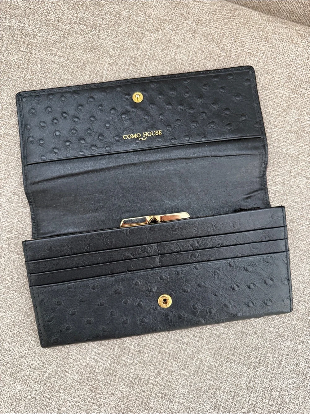 ITALIAN Black Ostrich-Texture Continental Wallet with Gold Emblem